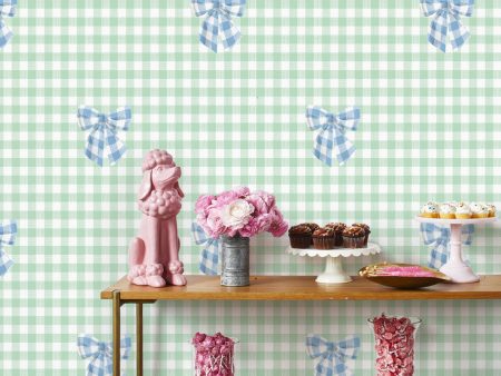 Barbie™ Gingham Bow  Wallpaper by Barbie™ - Cornflower on Aventurine For Sale