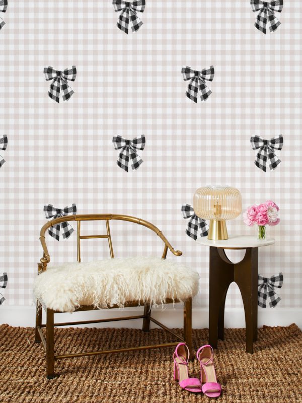 Barbie™ Gingham Bow  Wallpaper by Barbie™ - Black on Oyster Online now