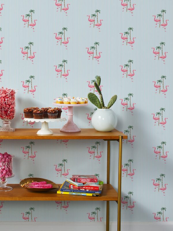 Barbie™ Land Flamingo Pinstripe  Wallpaper by Barbie™ - Blue For Discount