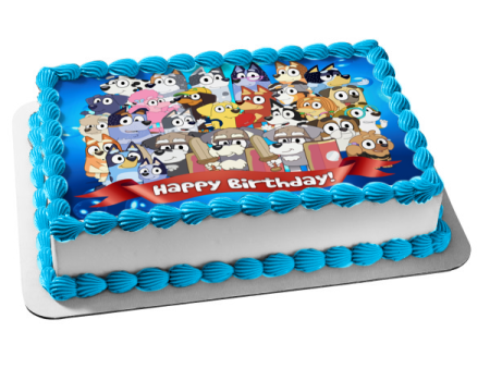 Bluey Cast Happy Birthday Banner Bandit Chilli Mrs. Retreiver Aunt Trixie Heeler Edible Cake Topper Image ABPID54026 on Sale