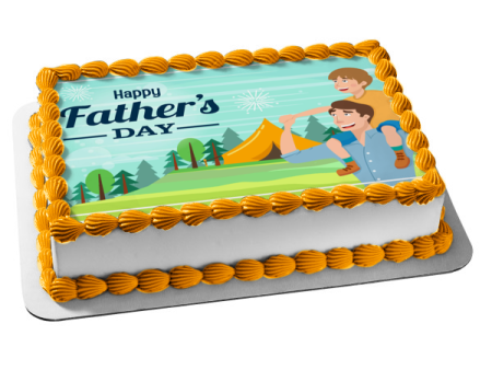 Happy Father s Day Father and Son Camping Tent Trees Edible Cake Topper Image ABPID54046 Supply